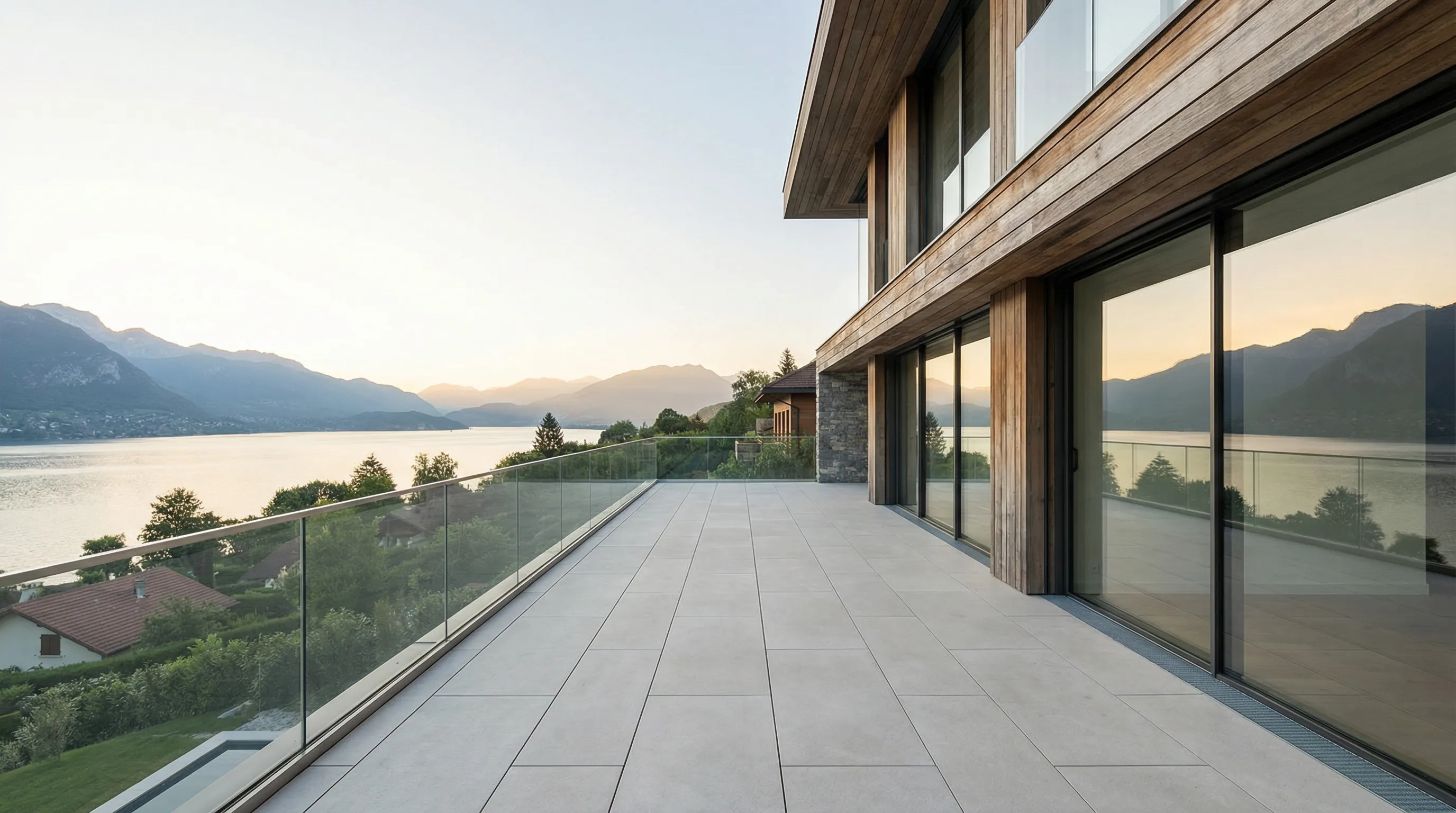 Terrasse avec garde-corps verre et vue sur le lac d'Annecy