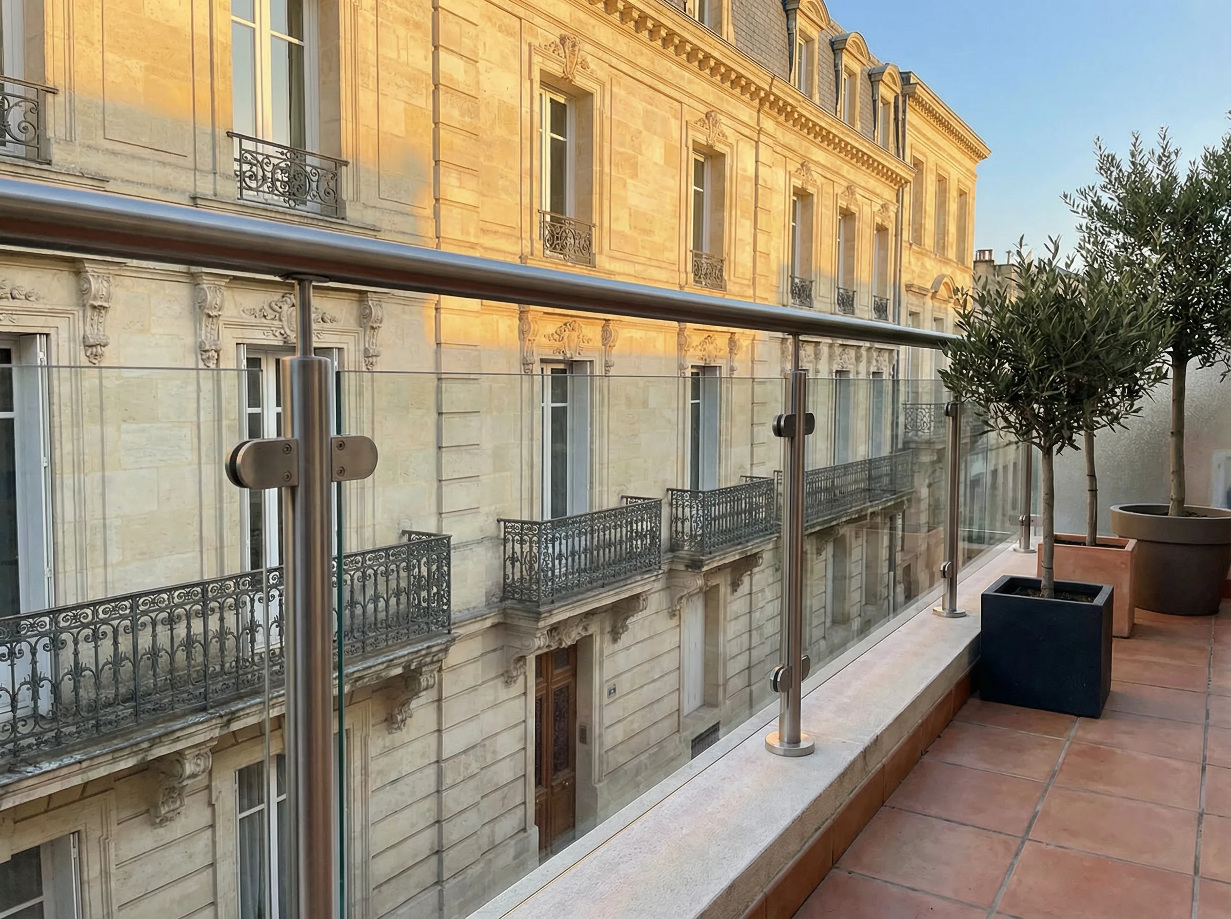 Garde-corps verre et inox 316L sur balcon en pierre blonde bordelaise