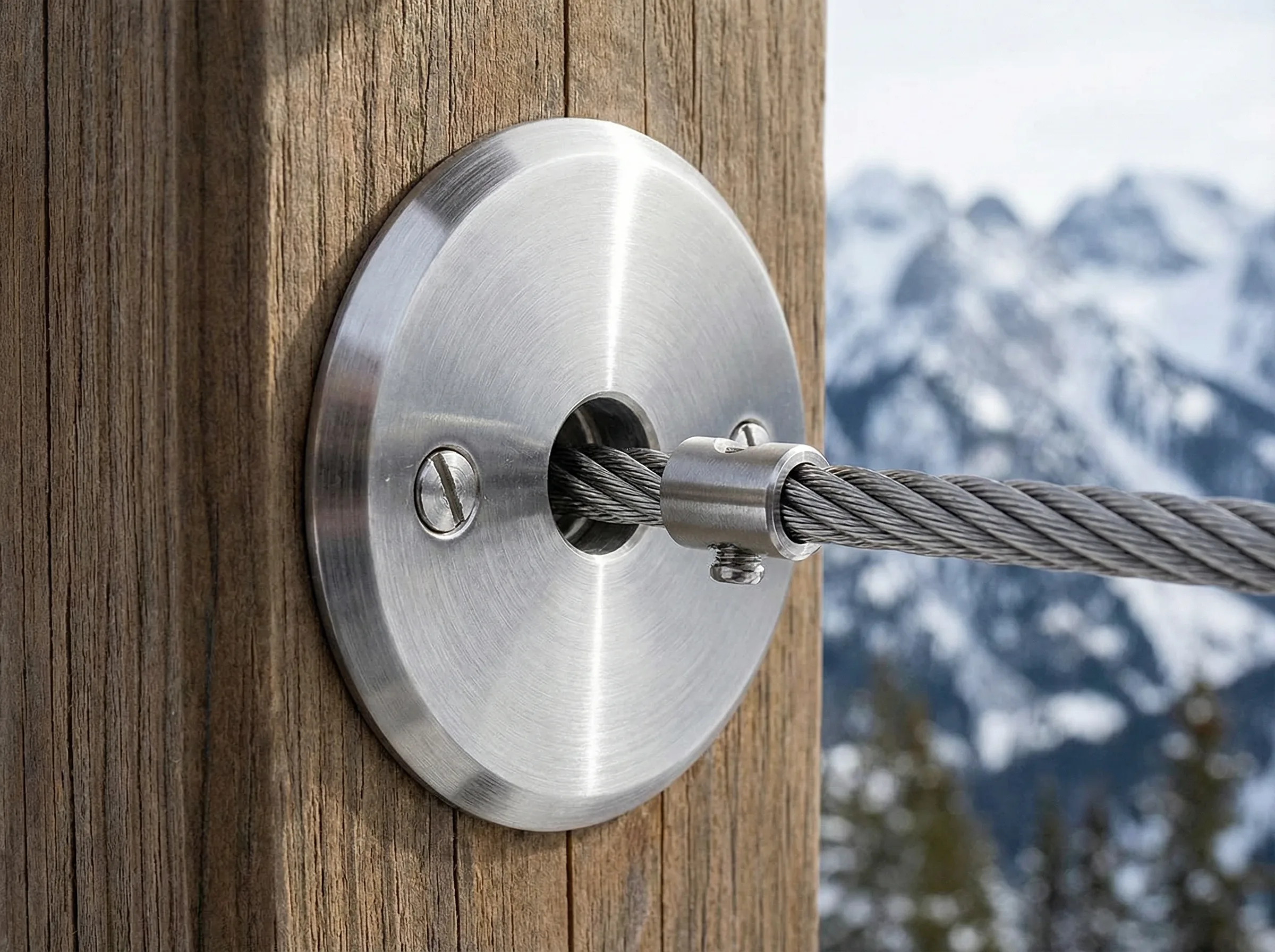 Detail cable inox 304 sur poteau carre avec montagnes