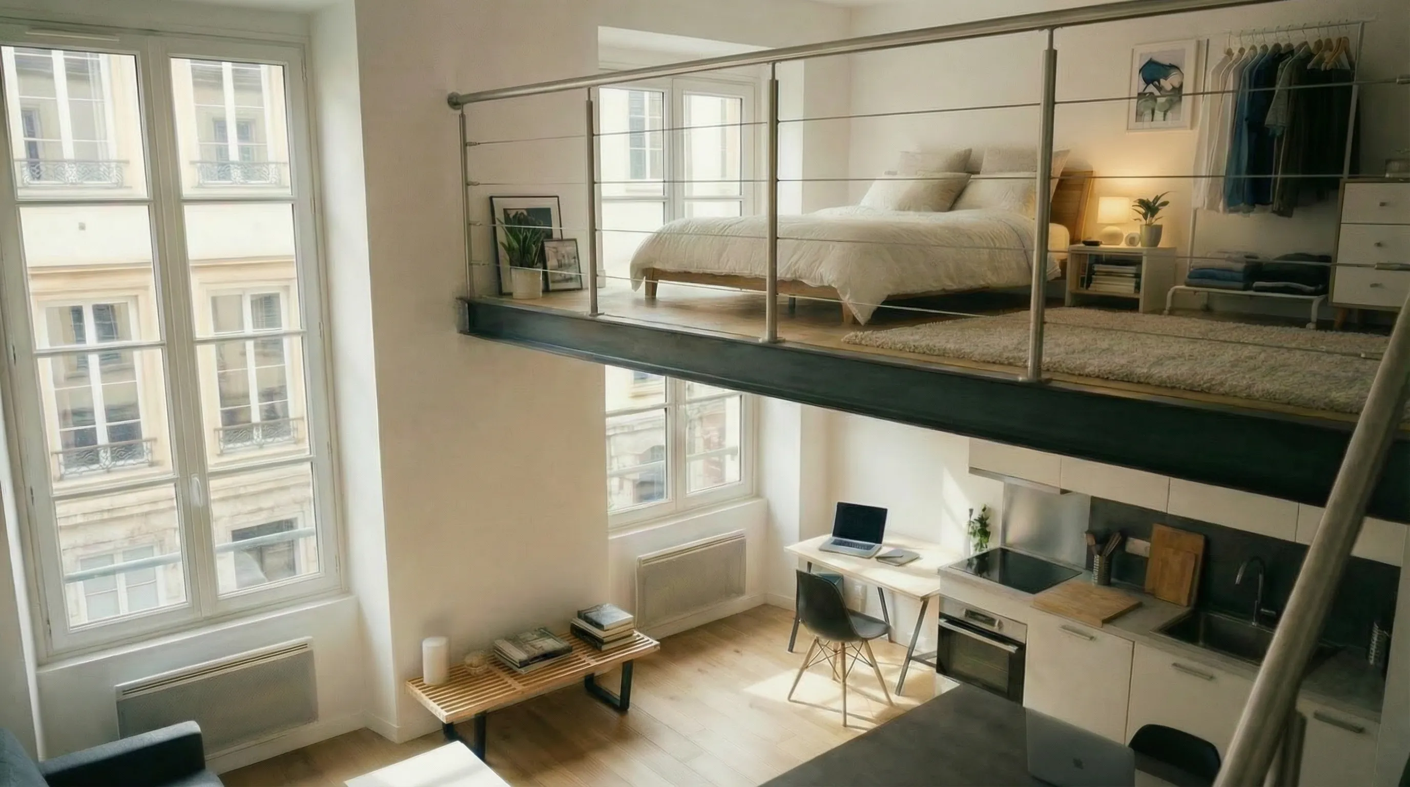 Mezzanine moderne avec garde-corps cables inox Lyon