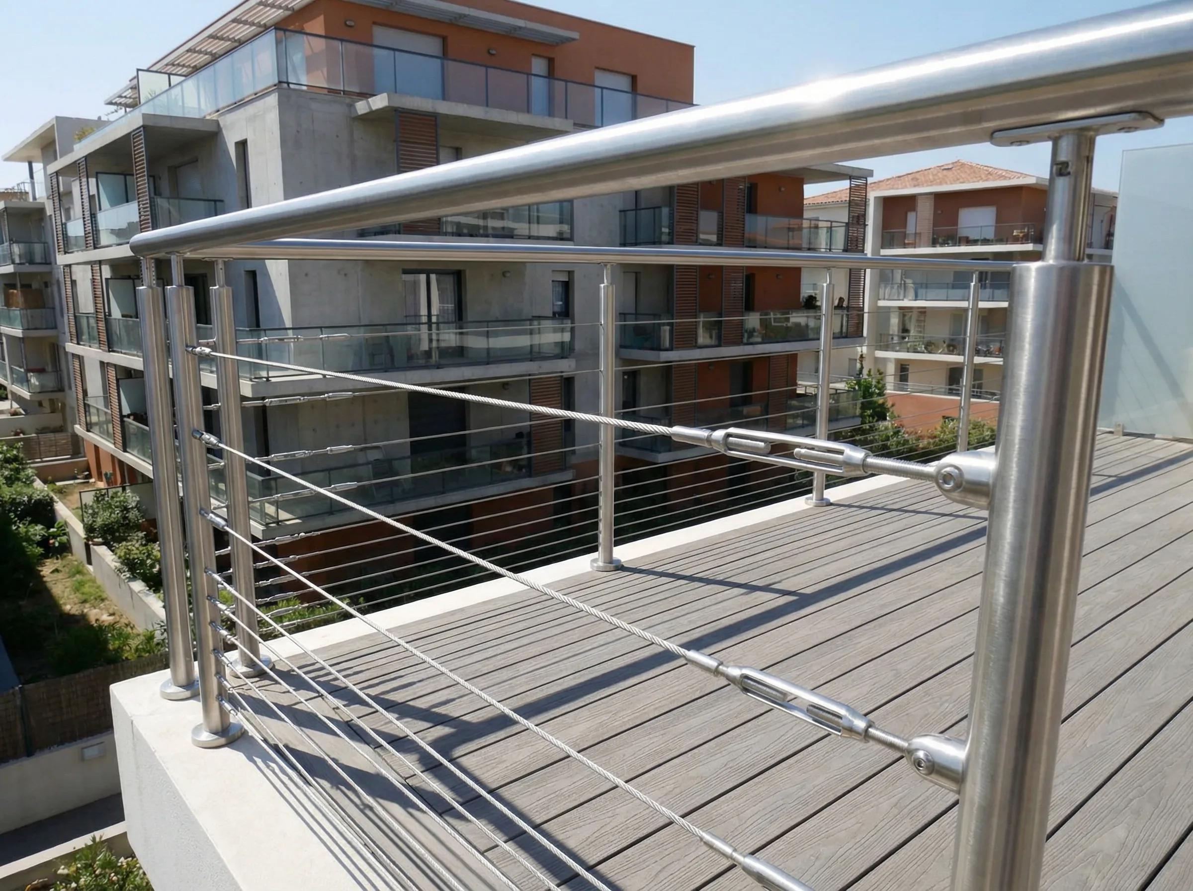 Garde-corps cables 316L sur terrasse avec lumiere mediterraneenne