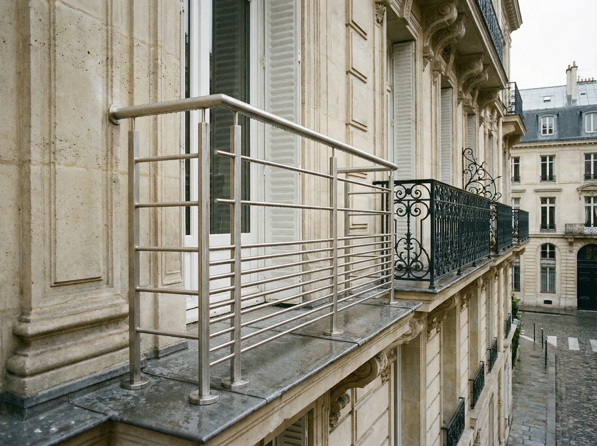 Garde-corps inox sur balcon parisien Juliet avec facade en pierre