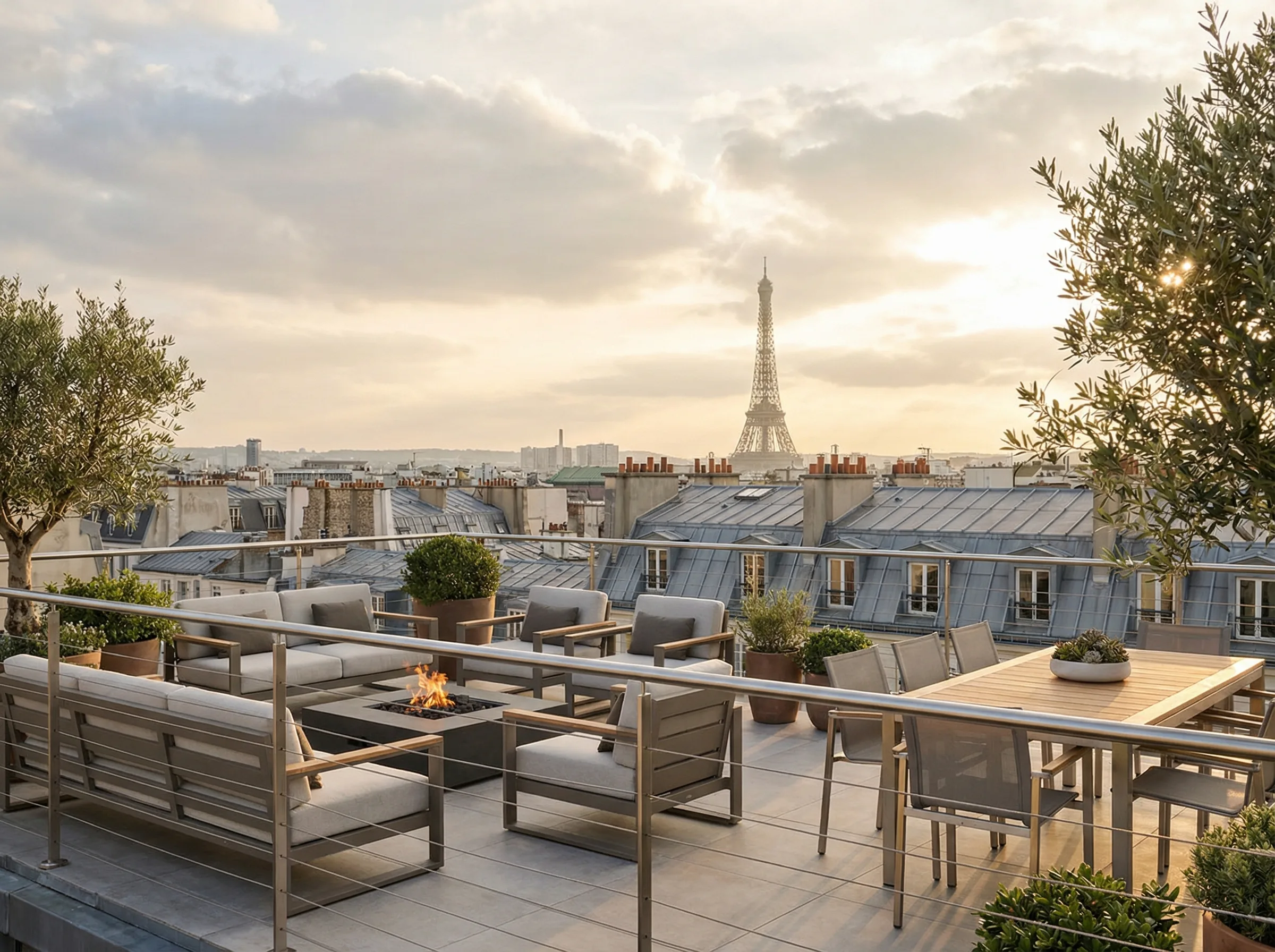 Toit-terrasse loft parisien avec garde-corps cables et vue toits