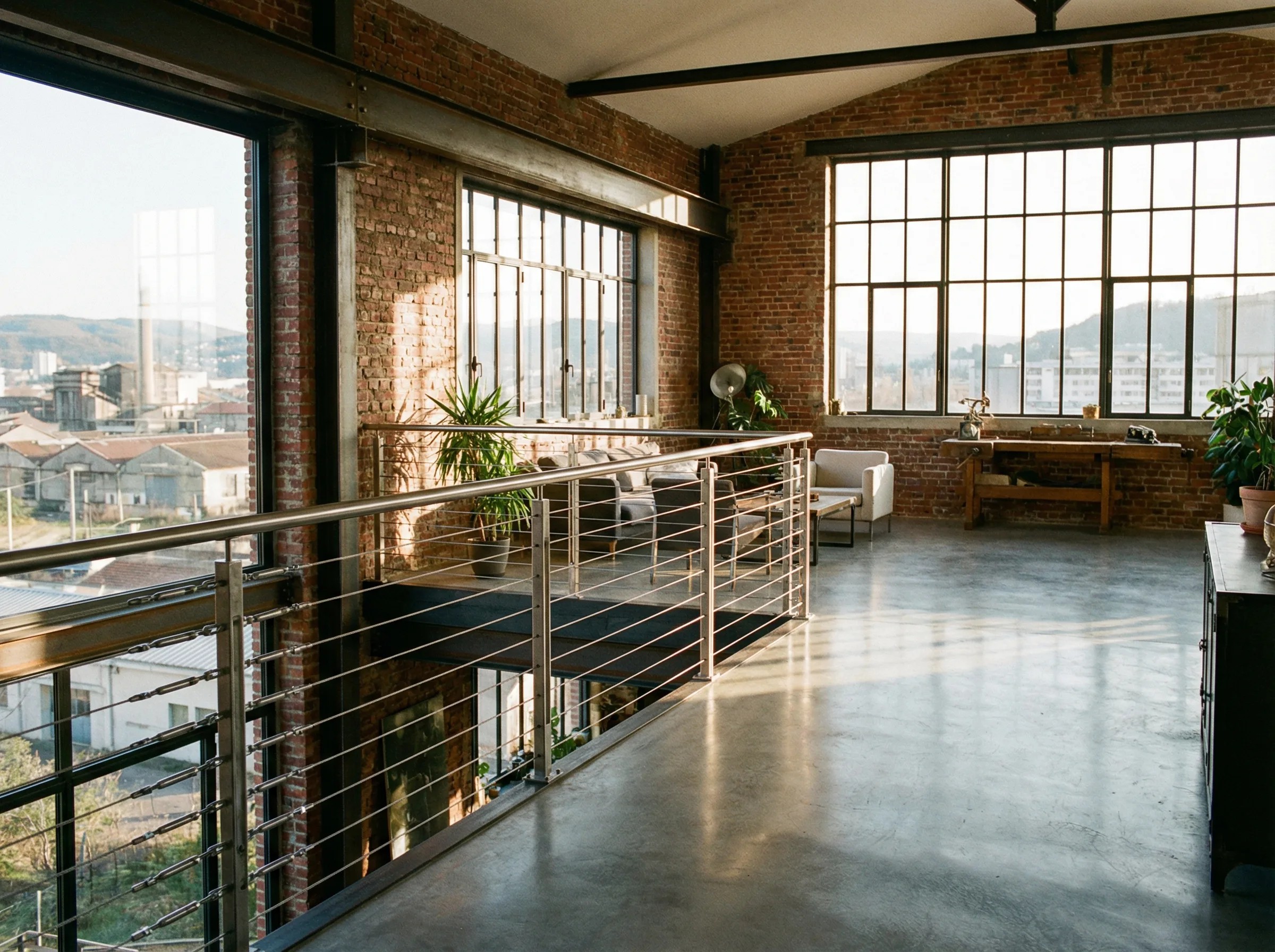 Loft stephanois avec garde-corps cables inox et poutres acier
