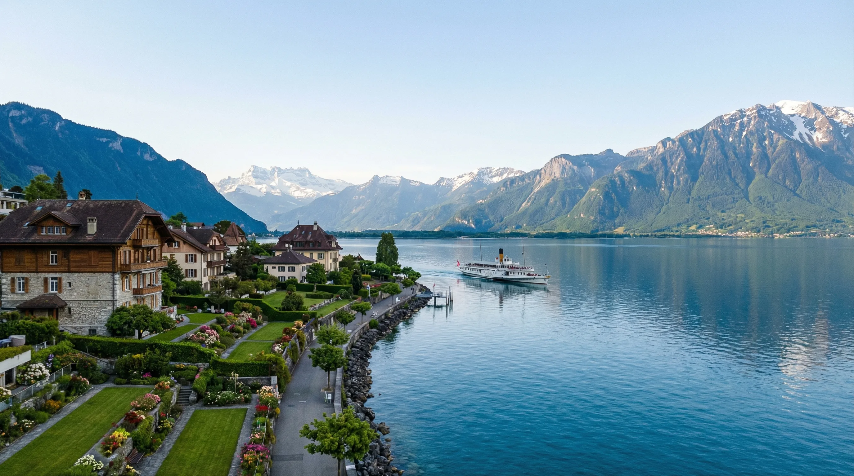 Lac Leman avec villas suisses et Alpes enneigees