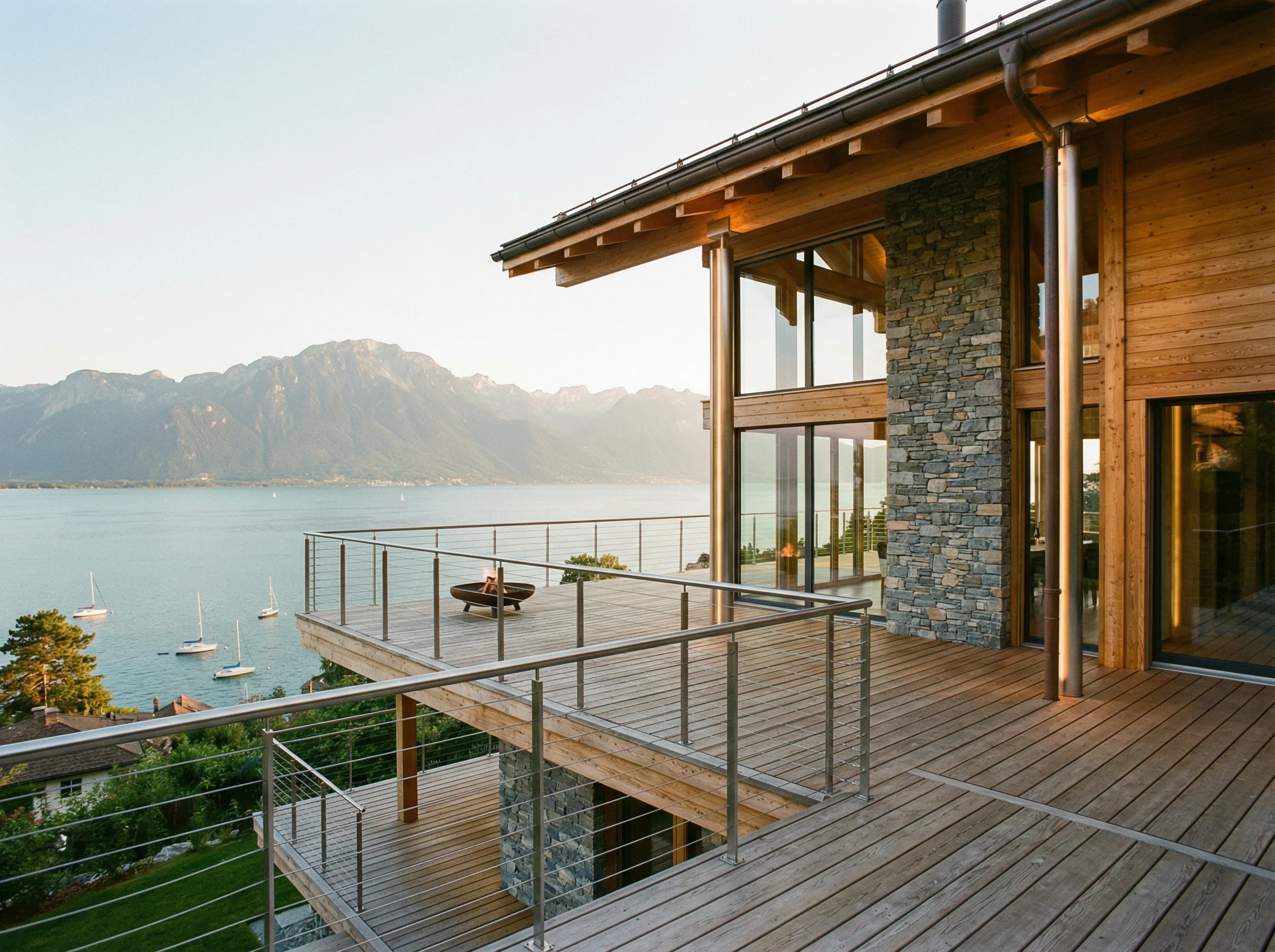 Chalet suisse moderne avec garde-corps cables et vue Lac Leman