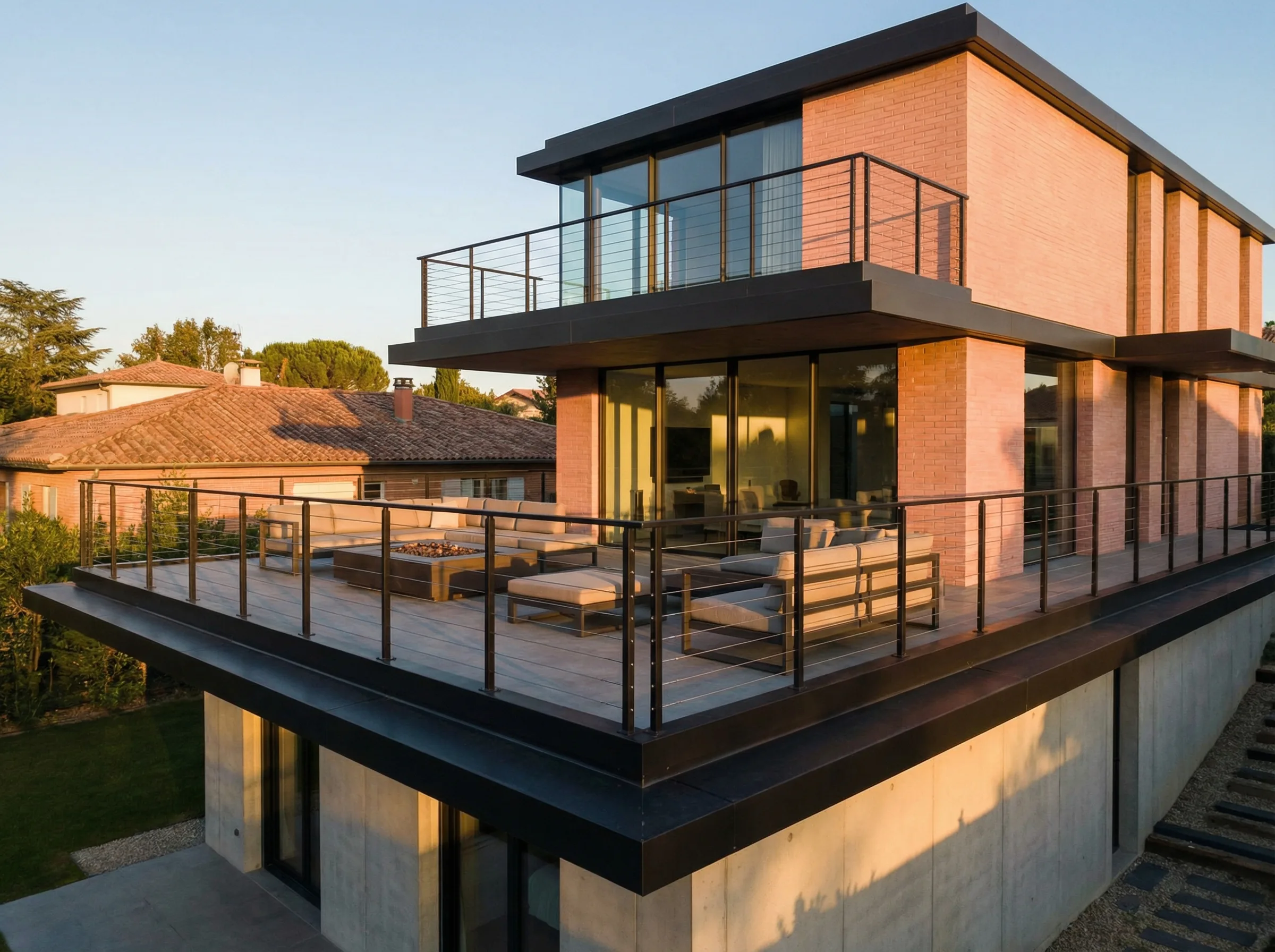 Residence moderne Toulouse avec garde-corps PVD noir et brique rose