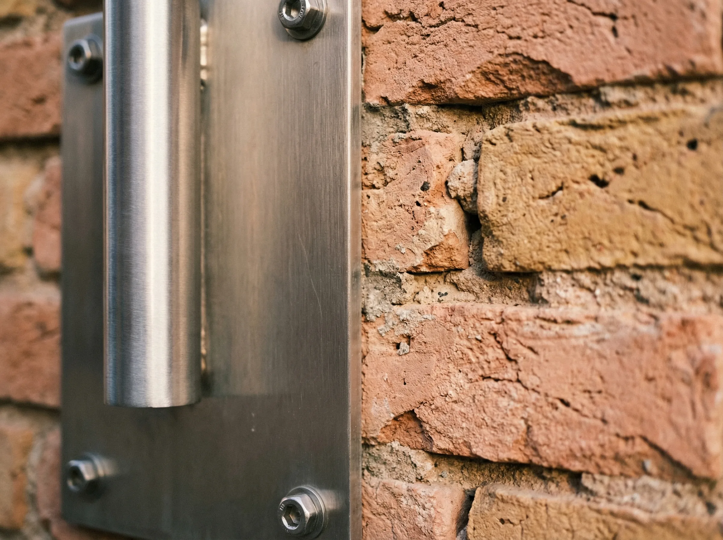 Detail jonction platine inox et brique rose Toulouse