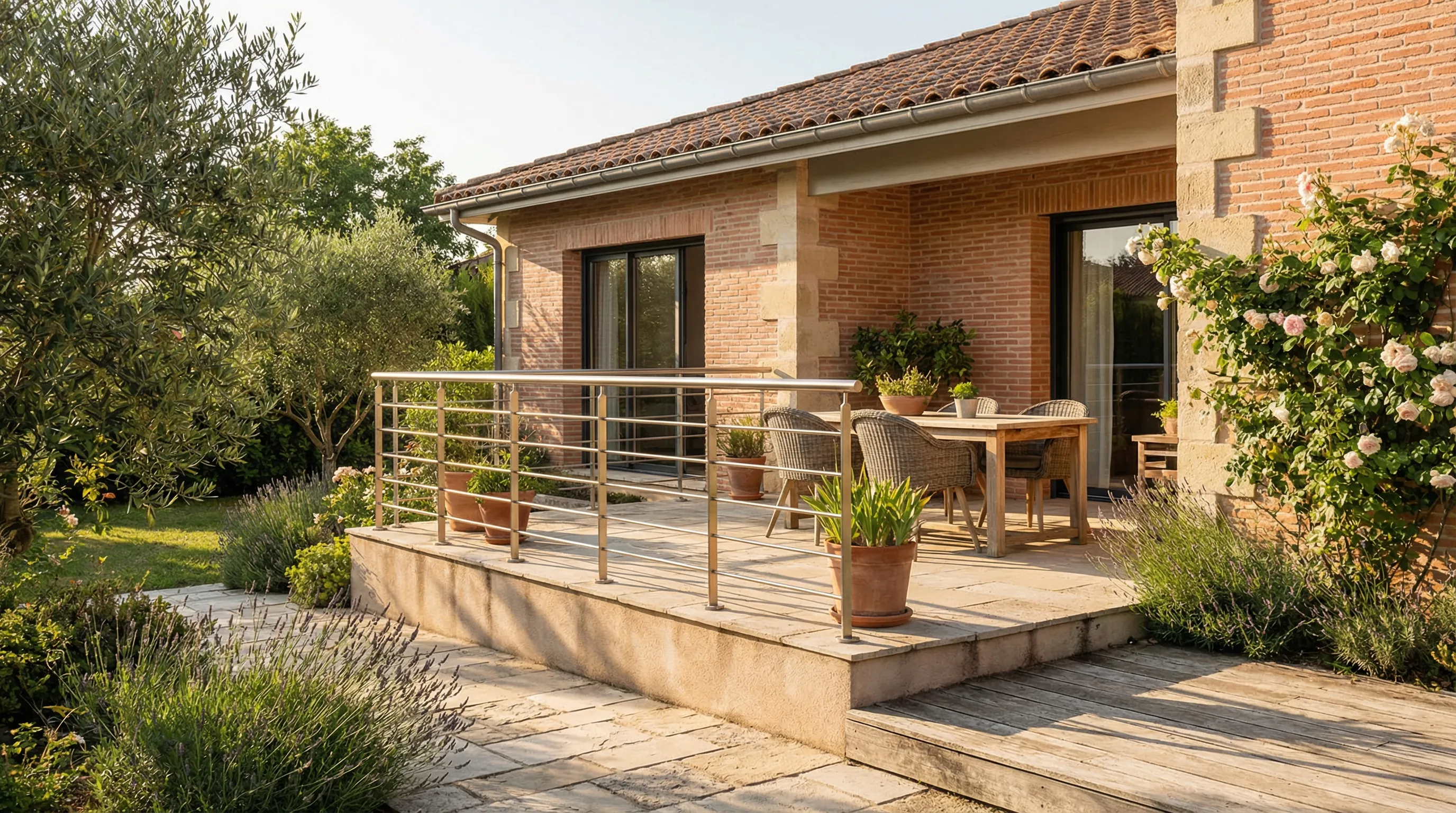 Terrasse plein pied avec garde-corps inox a Toulouse