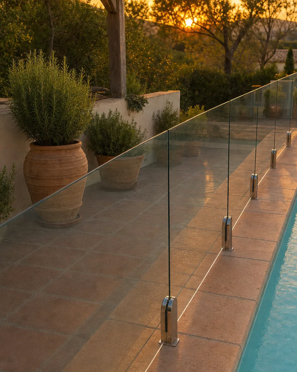 Garde-corps piscine profile au sol verre - Provence coucher de soleil