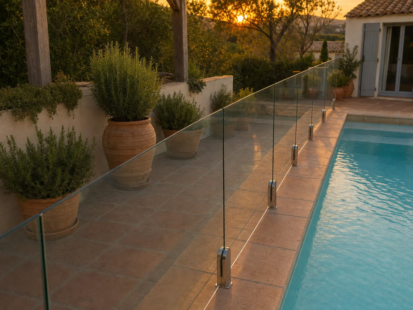 Garde-corps piscine verre sur pinces - Provence coucher de soleil