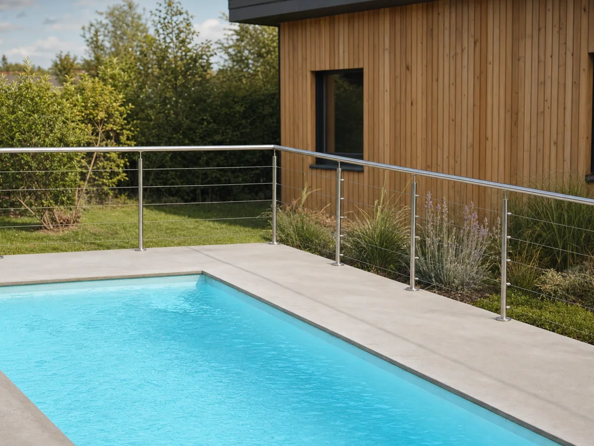 Garde-corps piscine cables inox - facade bois moderne