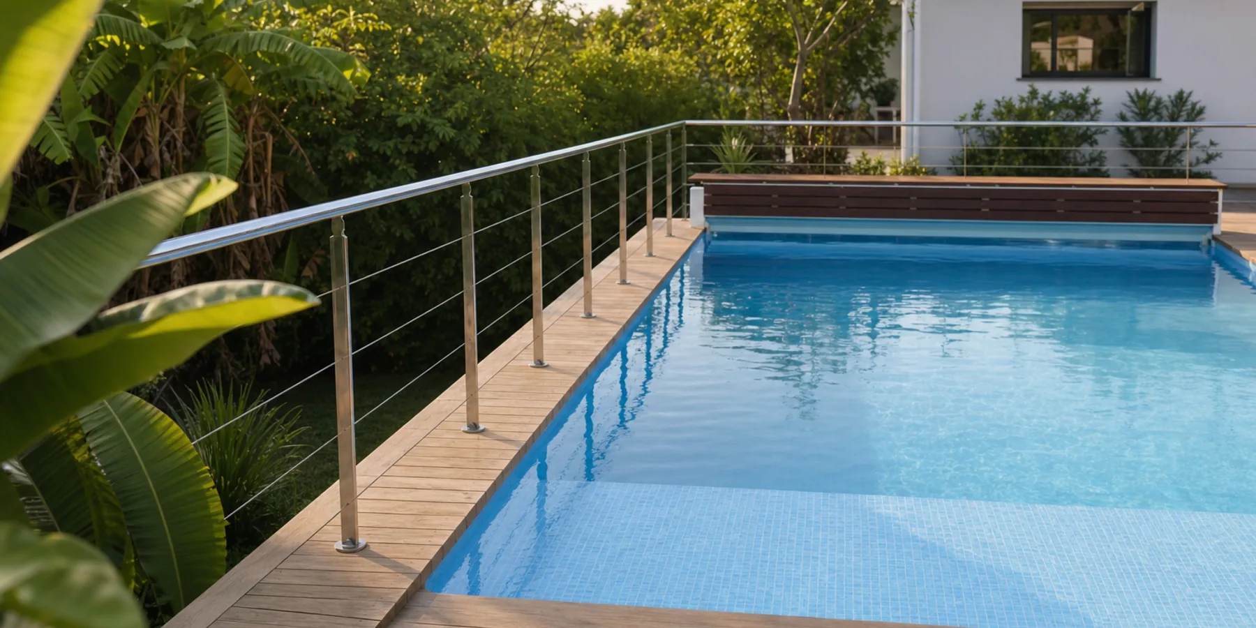Garde-corps piscine cables inox - terrasse tropicale